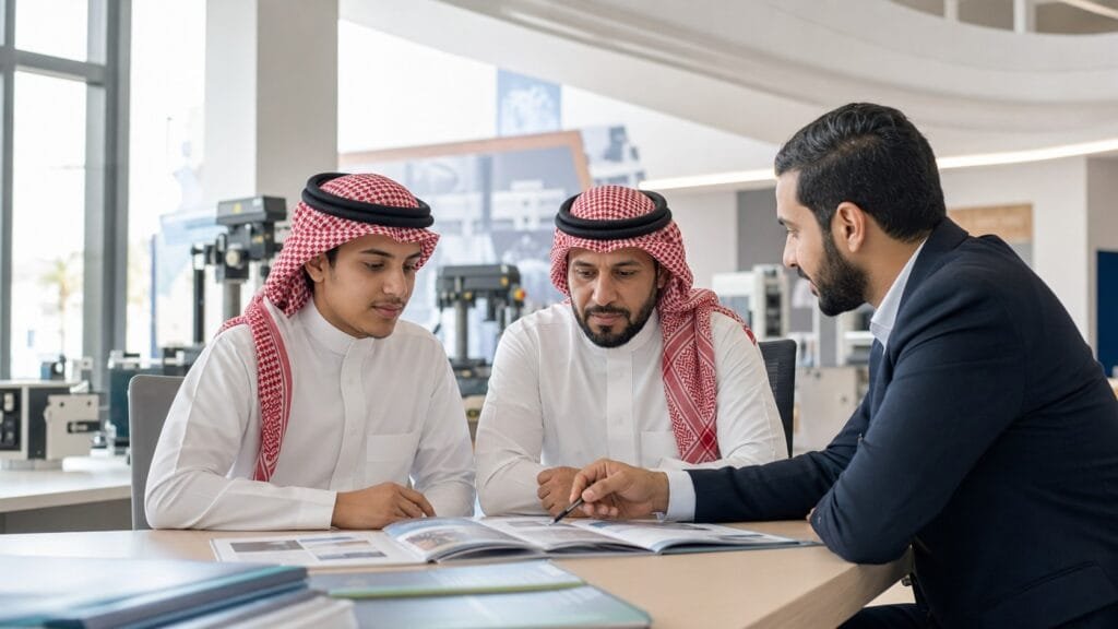 الاخبار 9 شاب سعودي مع والده يراجعان خيارات دبلوم مهني بعد الثانوية داخل بيئة تدريبية في الرياض
