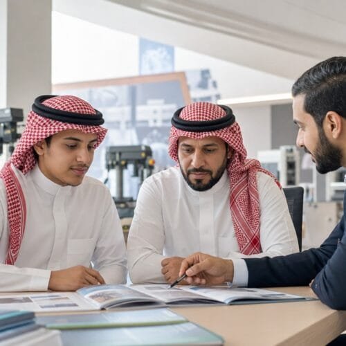 شاب سعودي مع والده يراجعان خيارات دبلوم مهني بعد الثانوية داخل بيئة تدريبية في الرياض