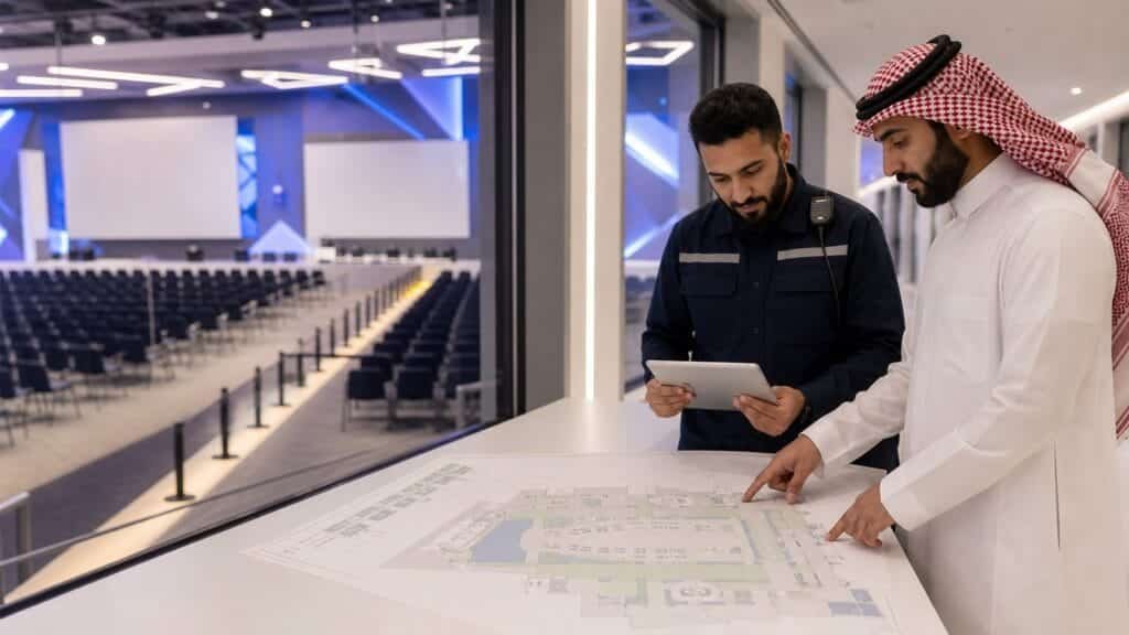 الاخبار 3 متدربان سعوديان يراجعان خطة حركة الحضور داخل قاعة موقع تشغيلي حديثة