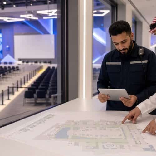 متدربان سعوديان يراجعان خطة حركة الحضور داخل قاعة فعالية حديثة