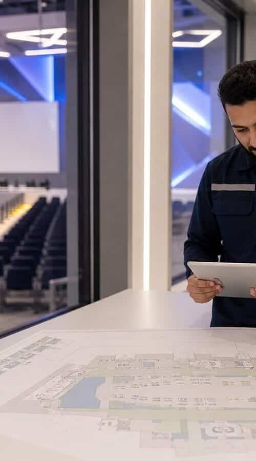متدربان سعوديان يراجعان خطة حركة الحضور داخل قاعة فعالية حديثة
