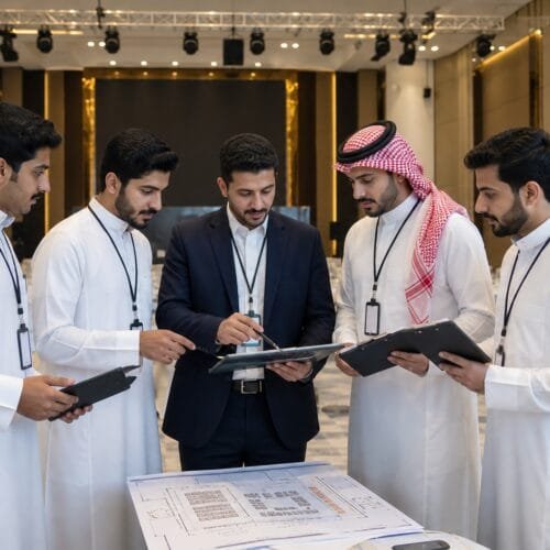 متدربون سعوديون يراجعون خطة تشغيل مرافق وتنظيم فعالية داخل بيئة تدريبية في أكاديمية بوشا بالرياض