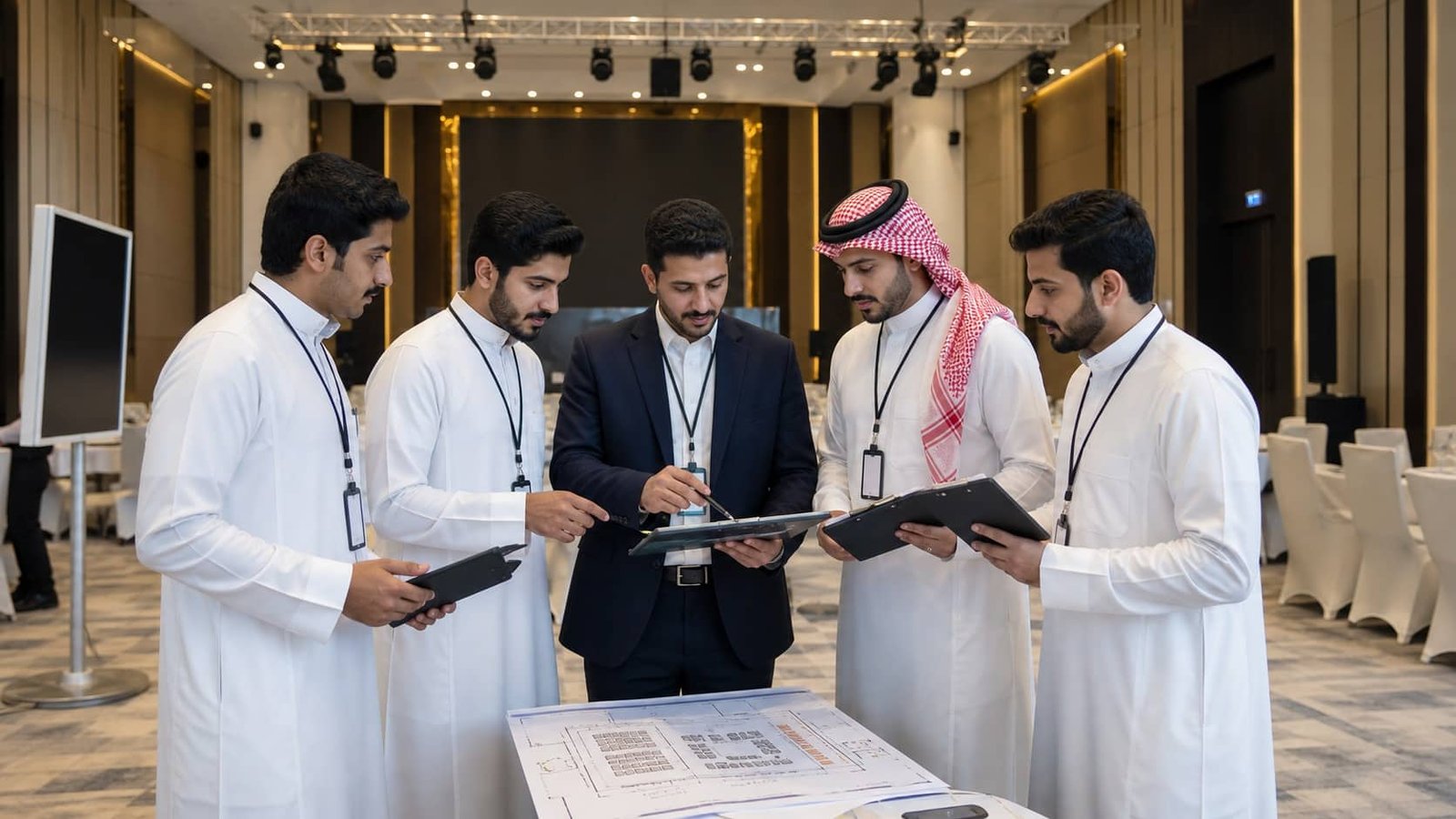 متدربون سعوديون يراجعون خطة تشغيل مرافق وتنظيم فعالية داخل بيئة تدريبية في أكاديمية بوشا بالرياض