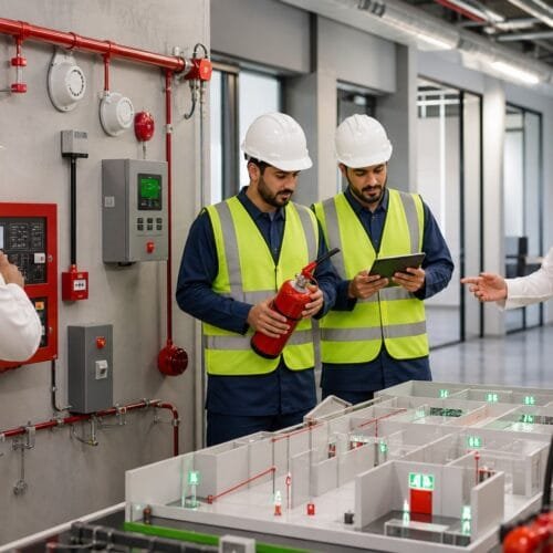 متدربون سعوديون يراجعون أنظمة إنذار وإطفاء ومخطط مخارج طوارئ داخل بيئة تدريبية في أكاديمية بوشا بالرياض