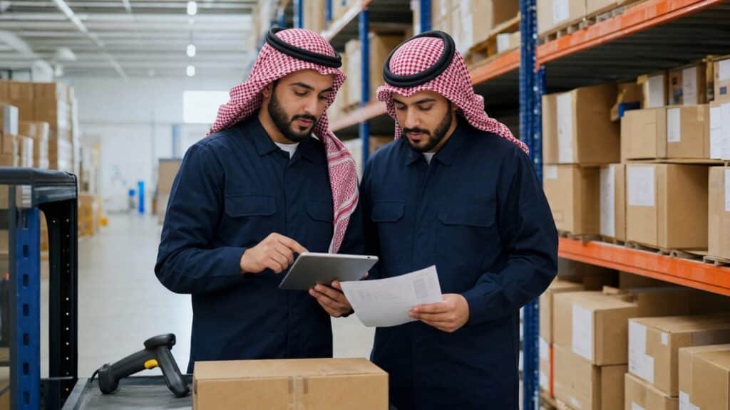 الاخبار 5 متدربان سعوديان يراجعان بيانات المخزون وطلب شراء داخل مستودع حديث