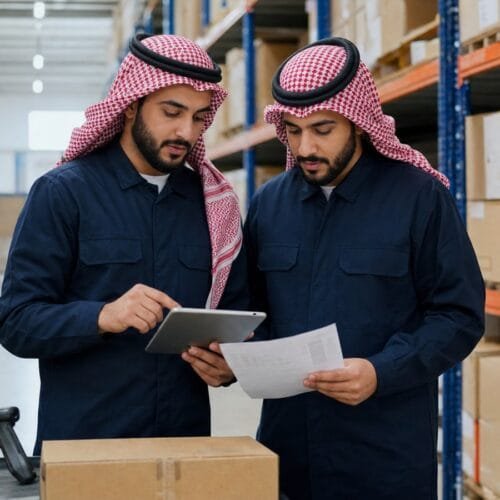 متدربان سعوديان يراجعان بيانات المخزون وطلب شراء داخل مستودع حديث