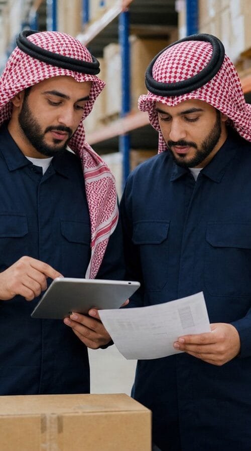متدربان سعوديان يراجعان بيانات المخزون وطلب شراء داخل مستودع حديث