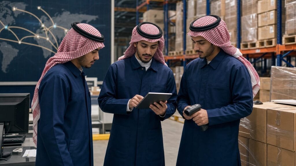 الاخبار 6 متدربون سعوديون يراجعون عمليات اللوجستيات وسلاسل الإمداد داخل مستودع حديث