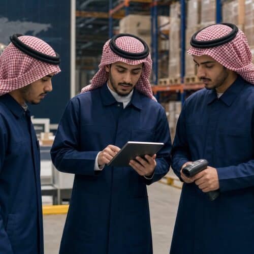 متدربون سعوديون يراجعون عمليات اللوجستيات وسلاسل الإمداد داخل مستودع حديث