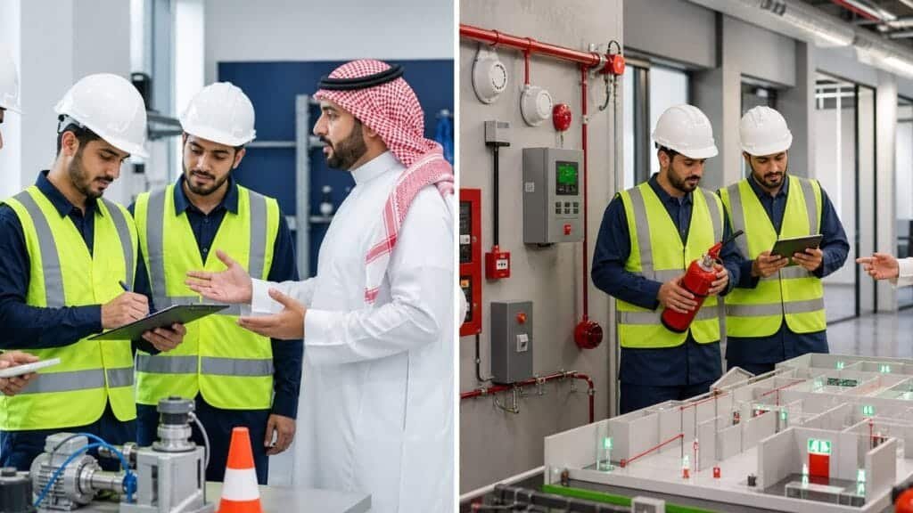 الاخبار 8 متدربون سعوديون يقارنون بين إجراءات السلامة المهنية وأنظمة الوقاية والحماية من الحريق داخل بيئة تدريبية