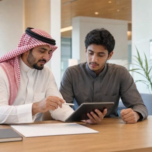 ولي أمر سعودي يناقش ابنه في اختيار دبلوم مهني بعد الثانوية داخل بيئة تدريبية حديثة