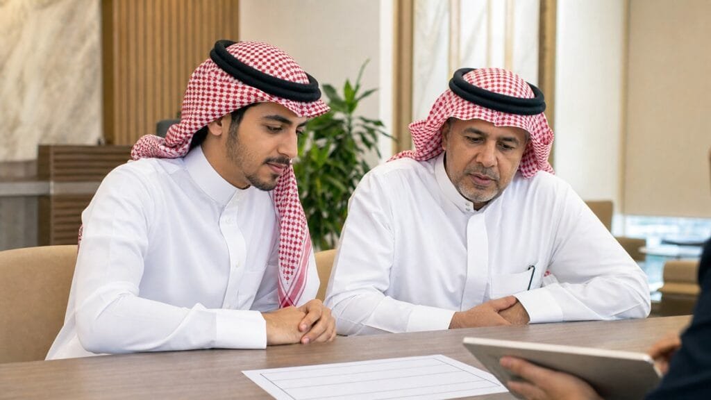 الاخبار 2 متدرب سعودي وولي أمره يراجعان معلومات التسجيل في دبلوم مهني داخل أكاديمية تدريب بالرياض