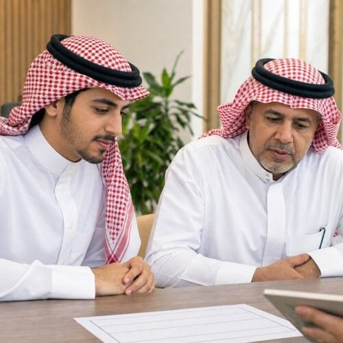 متدرب سعودي وولي أمره يراجعان معلومات التسجيل في دبلوم مهني داخل أكاديمية تدريب بالرياض