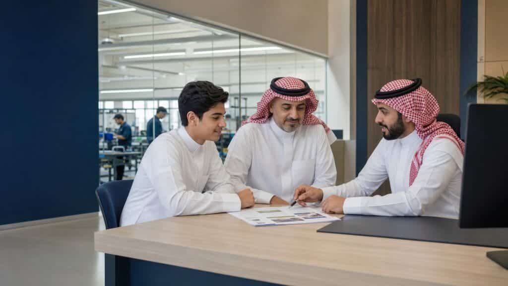 الاخبار 14 متدرب سعودي ووالده يناقشان برنامجًا مهنيًا مع مرشد قبول داخل معهد تدريب في الرياض