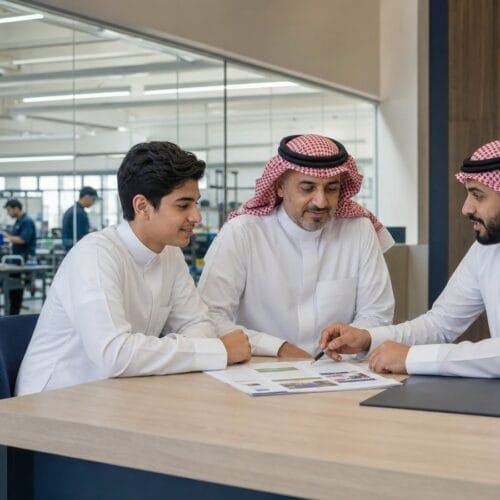 متدرب سعودي ووالده يناقشان برنامجًا مهنيًا مع مرشد قبول داخل معهد تدريب في الرياض