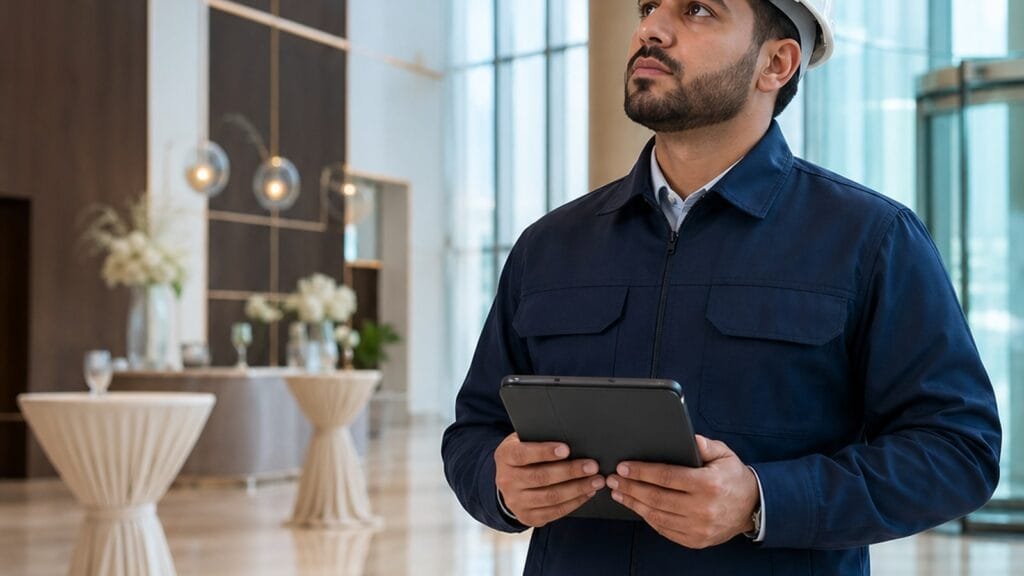 الاخبار 7 مشرف سلامة سعودي يحمل جهازًا لوحيًا ويراجع بيئة منشأة حديثة أثناء جولة تفقدية