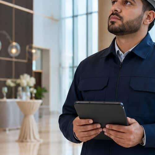 مشرف سلامة سعودي يحمل جهازًا لوحيًا ويراجع بيئة منشأة حديثة أثناء جولة تفقدية