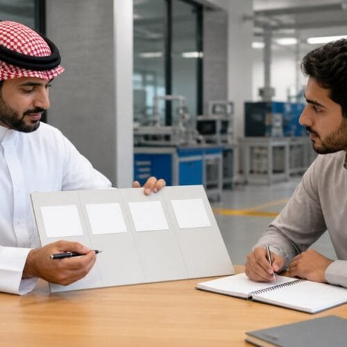 مرشد سعودي ومتقدم يراجعان خيارات مسارات مهنية داخل معهد تدريبي
