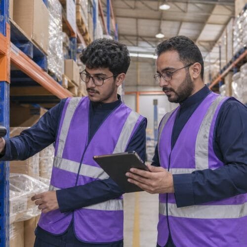 متدربان سعوديان ينفذان الجرد الدوري للتحقق من دقة المخزون داخل مستودع حديث