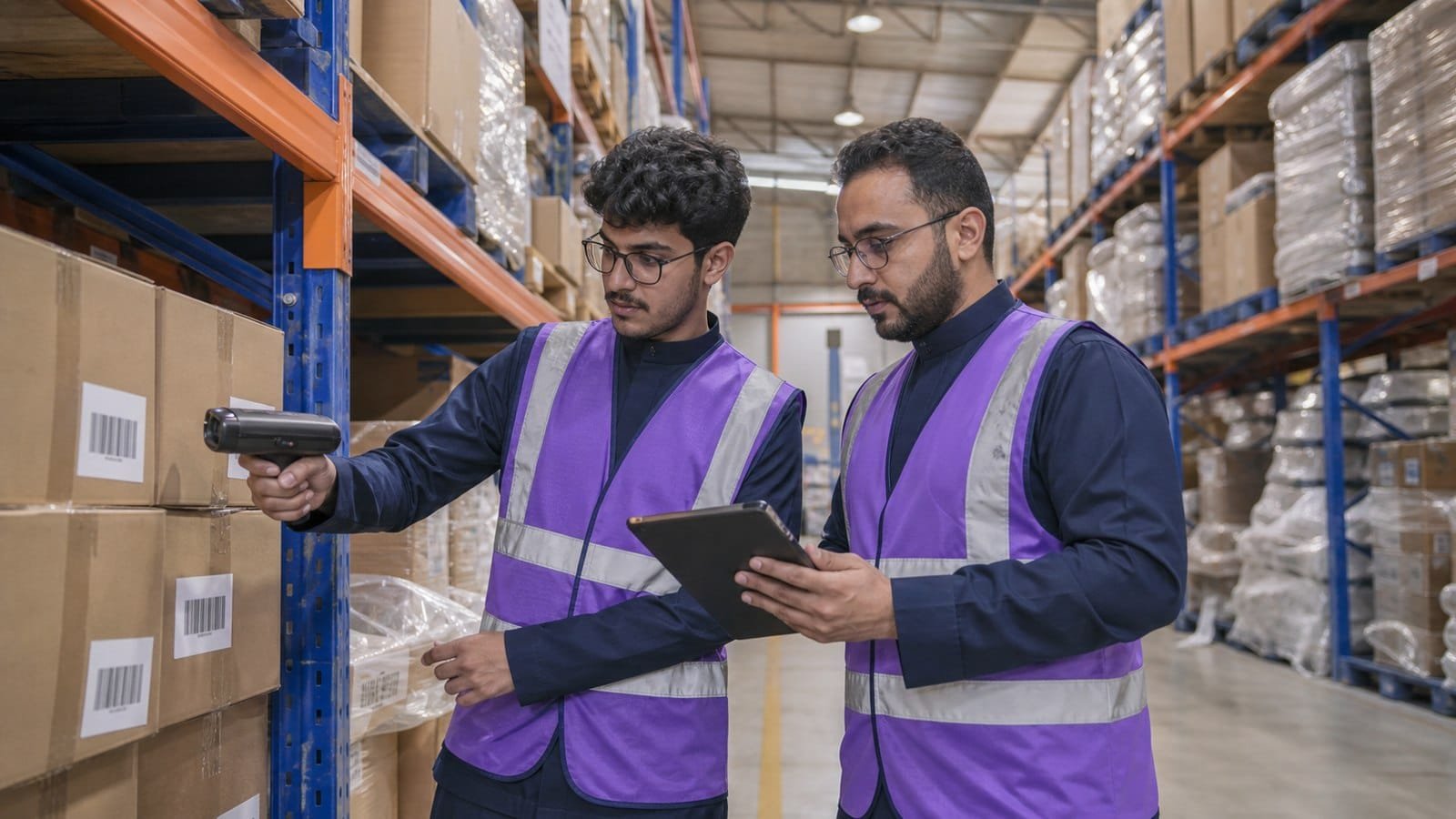 متدربان سعوديان ينفذان الجرد الدوري للتحقق من دقة المخزون داخل مستودع حديث