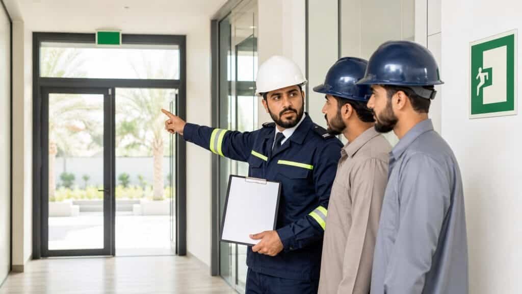 الاخبار 13 مدرب سلامة ومتدربان سعوديان يراجعون مسار الخروج الآمن داخل ممر منشأة حديثة