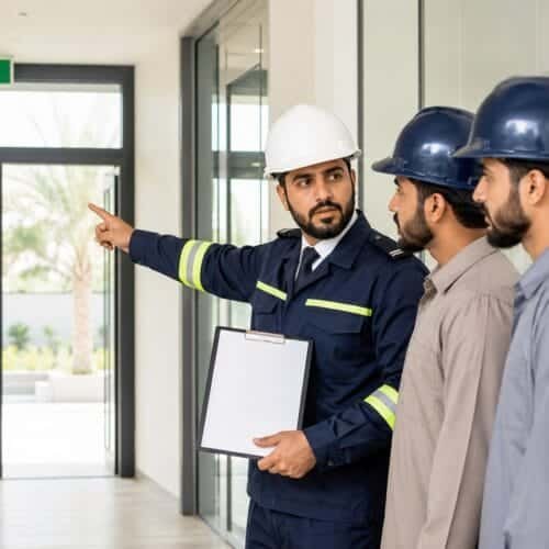 مدرب سلامة ومتدربان سعوديان يراجعون مسار الخروج الآمن داخل ممر منشأة حديثة