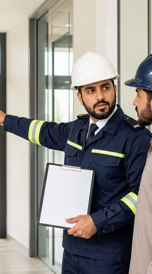مدرب سلامة ومتدربان سعوديان يراجعون مسار الخروج الآمن داخل ممر منشأة حديثة