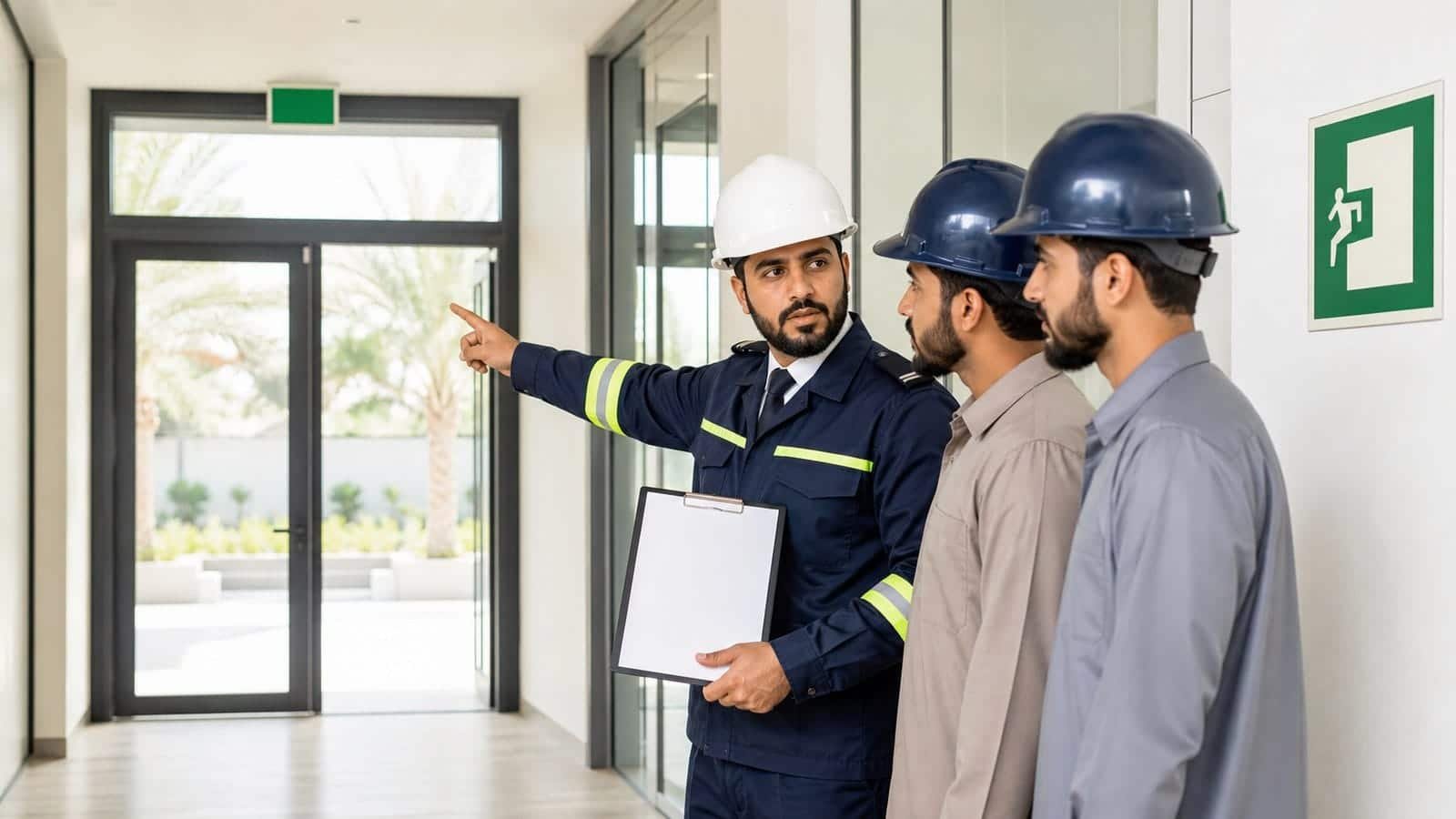 مدرب سلامة ومتدربان سعوديان يراجعون مسار الخروج الآمن داخل ممر منشأة حديثة