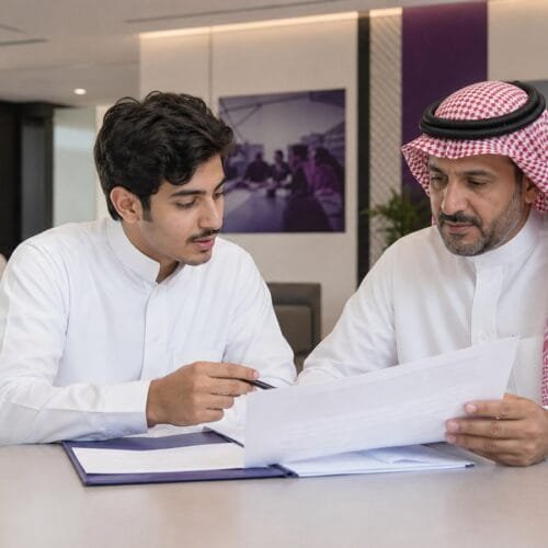 متدرب سعودي وولي أمره يراجعان محتوى دبلوم مهني قبل التسجيل في الرياض