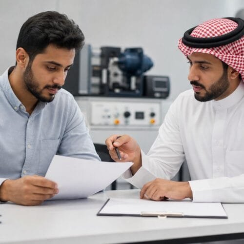 متقدم سعودي ومرشد تدريبي يراجعان وصف برنامج داخل قاعة تدريب