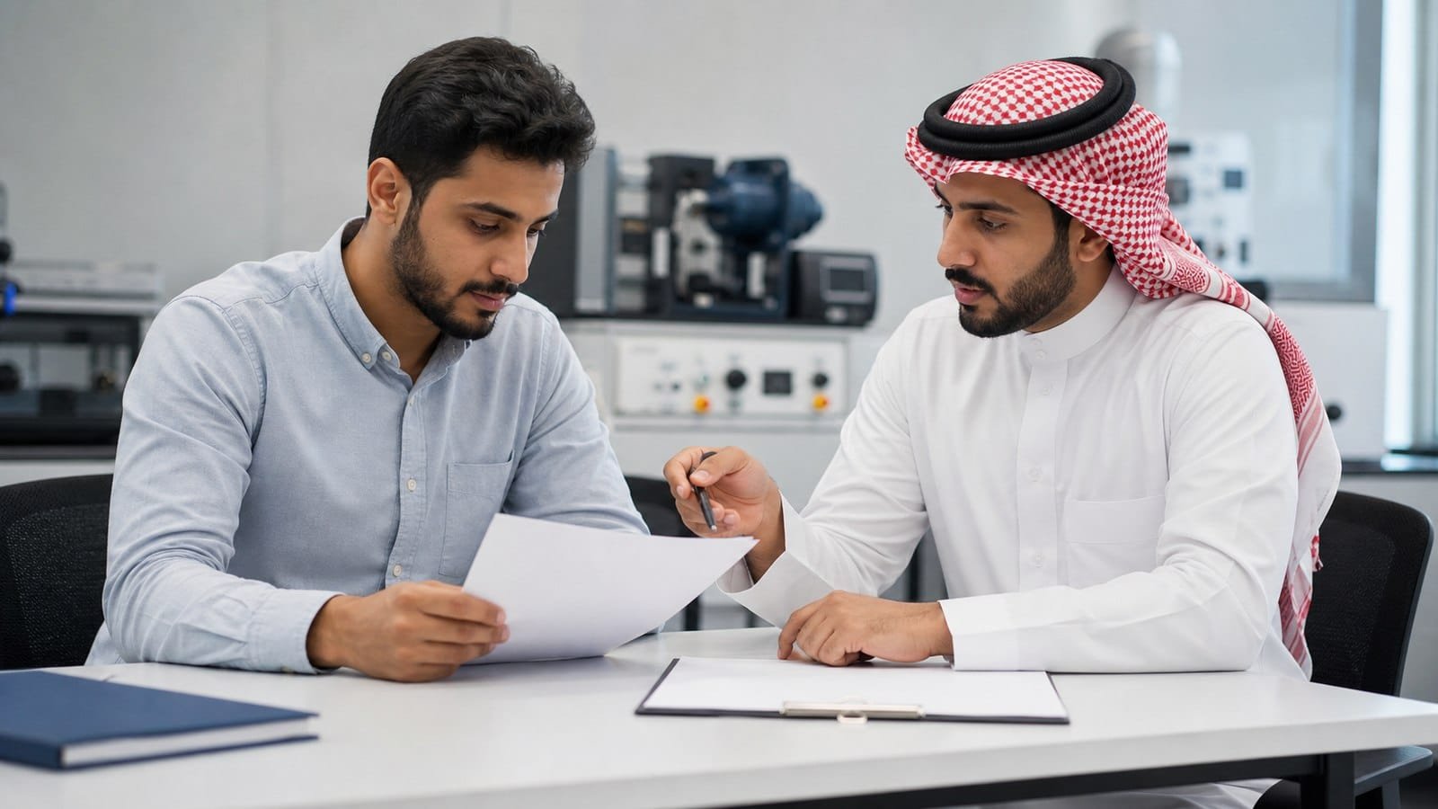 متقدم سعودي ومرشد تدريبي يراجعان وصف برنامج داخل قاعة تدريب