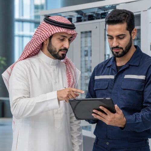 مدير مرافق سعودي ومتدرب يراجعان نظام خدمات مبنى باستخدام جهاز لوحي