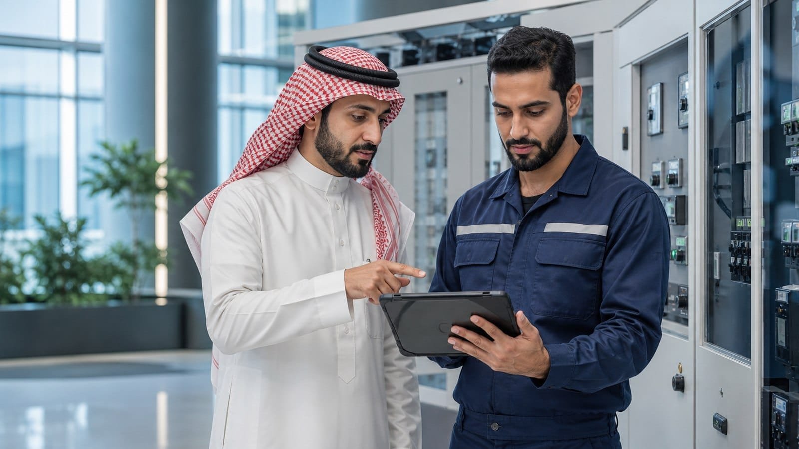 مدير مرافق سعودي ومتدرب يراجعان نظام خدمات مبنى باستخدام جهاز لوحي