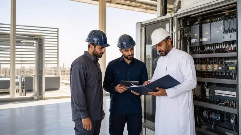 الاخبار 14 مدير مرافق ومتدربان سعوديان يراجعون وثائق استلام الأصول أمام لوحة تشغيل داخل مبنى حديث