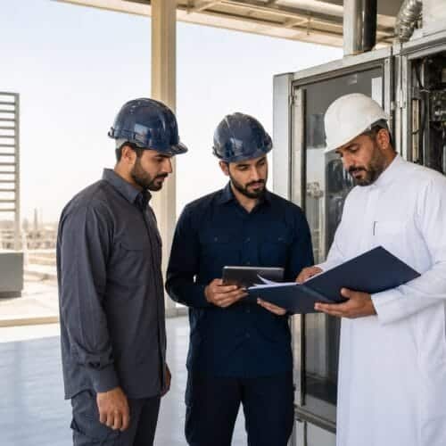 مدير مرافق ومتدربان سعوديان يراجعون وثائق استلام الأصول أمام لوحة تشغيل داخل مبنى حديث