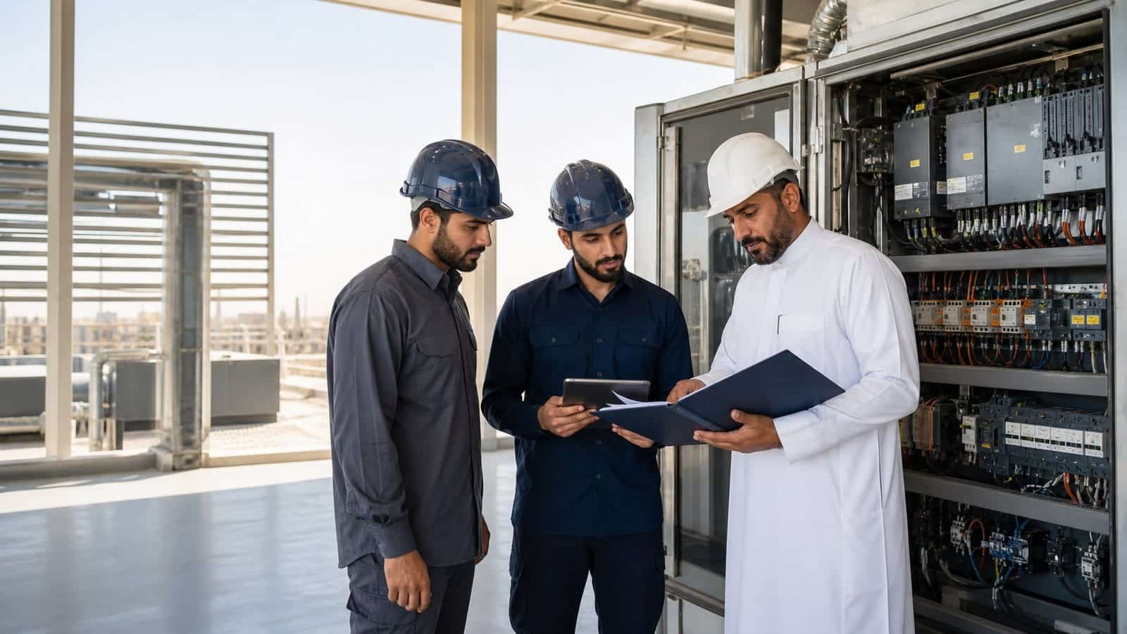 مدير مرافق ومتدربان سعوديان يراجعون وثائق استلام الأصول أمام لوحة تشغيل داخل مبنى حديث