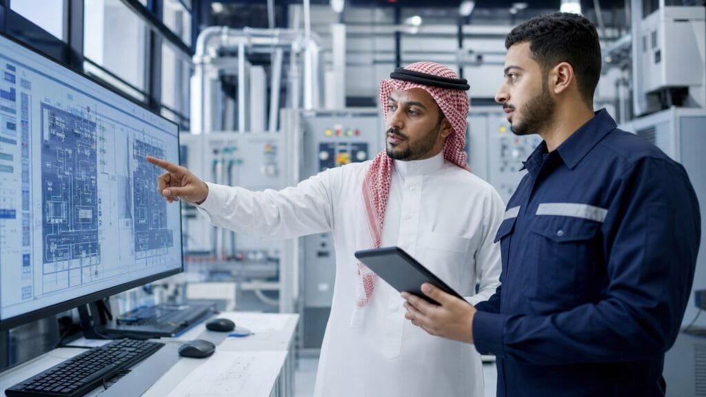 الاخبار 16 متدرب سعودي يراجع أنظمة المبنى مع مدير مرافق داخل غرفة تحكم حديثة