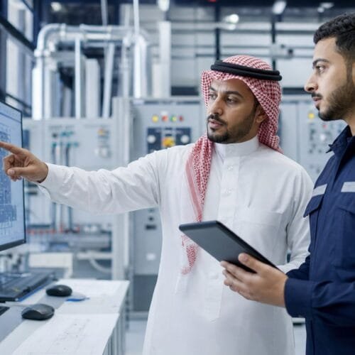 متدرب سعودي يراجع أنظمة المبنى مع مدير مرافق داخل غرفة تحكم حديثة