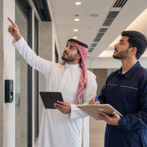 مدير مرافق ومتدرب سعوديان ينفذان جولة تشغيلية داخل مبنى حديث