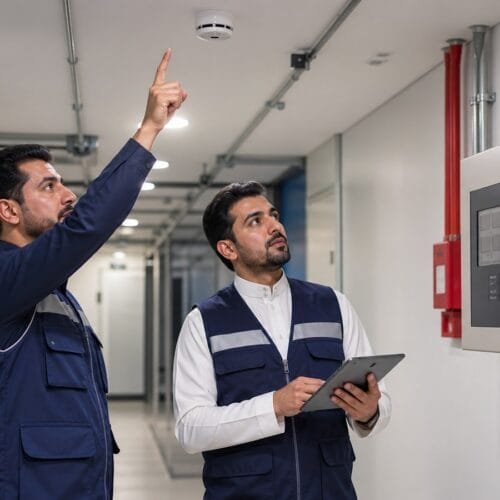مدرب ومتدرب سعوديان يفحصان كاشفًا ولوحة تحكم ضمن نظام إنذار حريق حديث