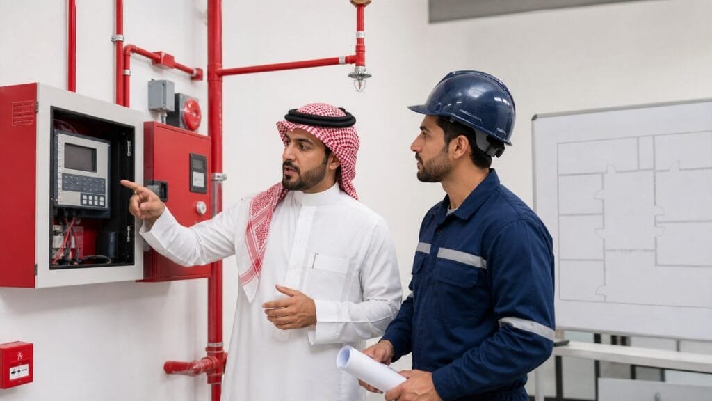 الاخبار 52 مدرب سعودي ومتدرب يفحصان لوحة إنذار وشبكة رشاشات في ورشة تدريبية