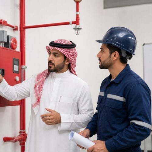 مدرب سعودي ومتدرب يفحصان لوحة إنذار وشبكة رشاشات في ورشة تدريبية