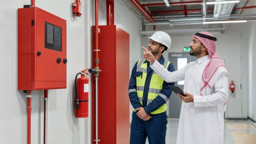 الاخبار 15 متدرب سعودي يراجع لوحة إنذار وأنظمة الوقاية من الحريق مع مدرب داخل منشأة حديثة