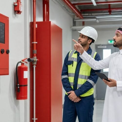متدرب سعودي يراجع لوحة إنذار وأنظمة الوقاية من الحريق مع مدرب داخل منشأة حديثة