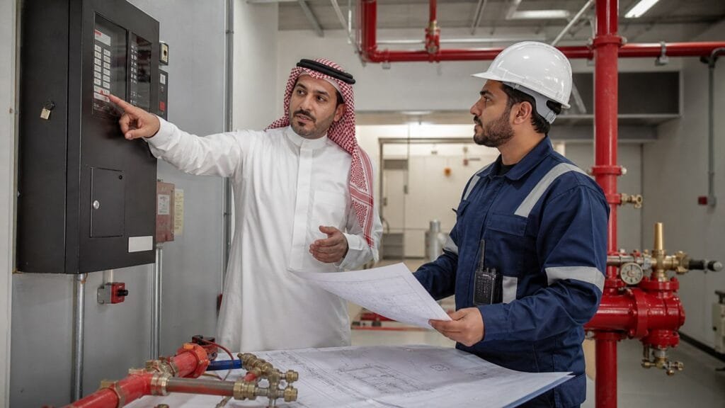 الاخبار 17 مدرب ومتدرب سعوديان يراجعان لوحة إنذار ومخططات أنظمة الحماية من الحريق