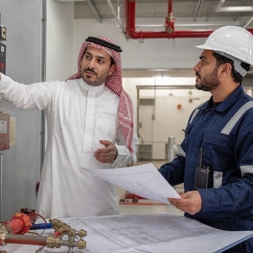 مدرب ومتدرب سعوديان يراجعان لوحة إنذار ومخططات أنظمة الحماية من الحريق