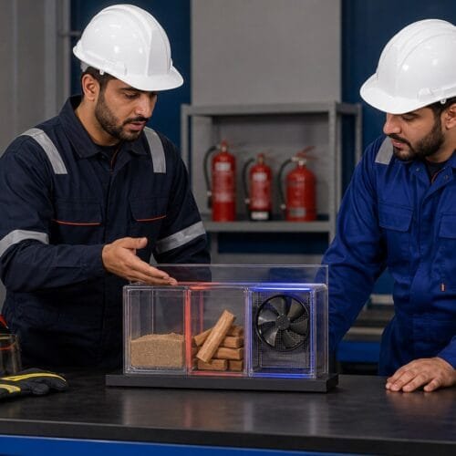 مدرب ومتدرب سعوديان يراجعان نموذجًا آمنًا لعناصر مثلث الحريق داخل مختبر تدريب