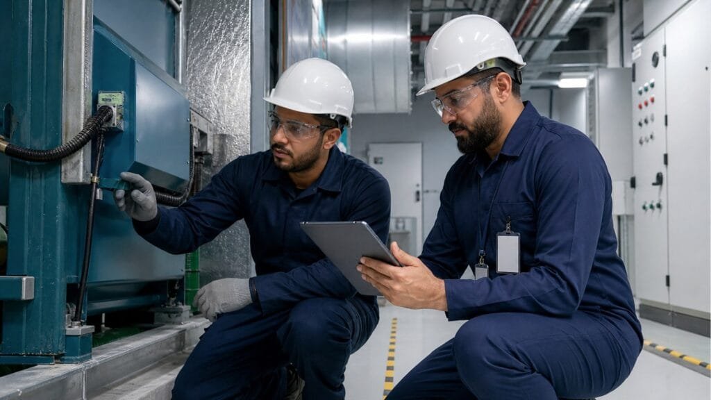 الاخبار 23 فني ومشرف مرافق سعوديان يراجعان أمر عمل صيانة على جهاز لوحي بجوار معدة مبنى