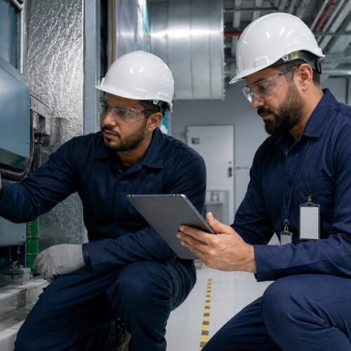 فني ومشرف مرافق سعوديان يراجعان أمر عمل صيانة على جهاز لوحي بجوار معدة مبنى