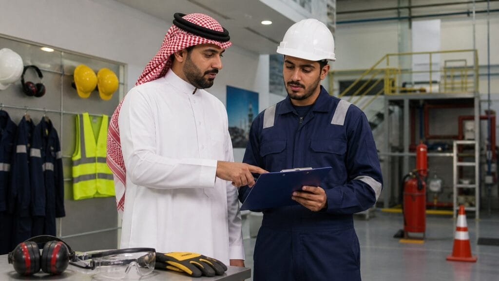 الاخبار 49 مدرب سعودي ومتدرب يراجعان قائمة تحقق للسلامة داخل منشأة تدريبية